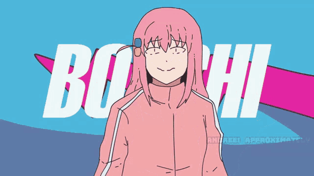 a drawing of a girl in a pink jacket with the word bochi behind her