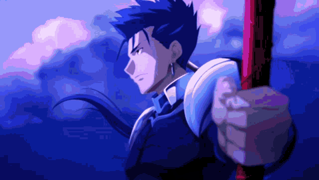 a man with long blue hair is holding a red stick