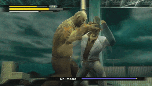 a video game is being played and the player shimano is being chased by a zombie