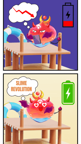 a cartoon of a devil holding a cell phone with the words slime revolution above it