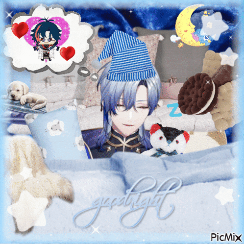 a picture of a boy in a bed with the words goodnight written below him