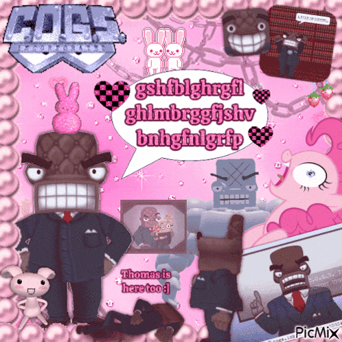 a collage of cartoon characters with a speech bubble that says thomas is here too
