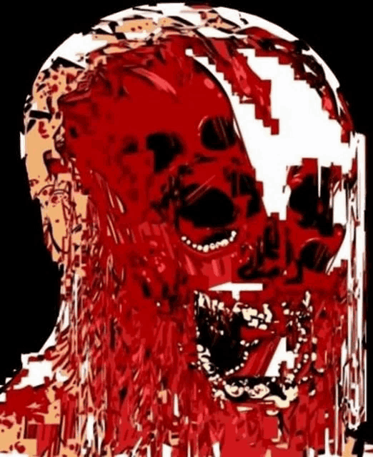 a drawing of a red skull with a beard
