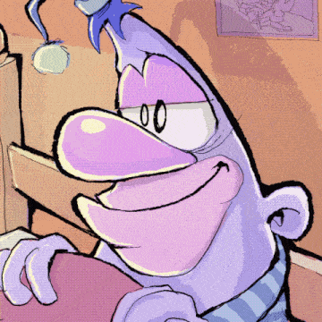 a cartoon drawing of a purple monster with a hat on his head