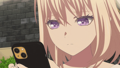 a girl with blonde hair and purple eyes is holding a cell phone