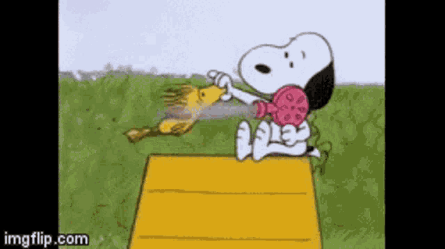 a cartoon of snoopy and woodstock sitting on a yellow box .
