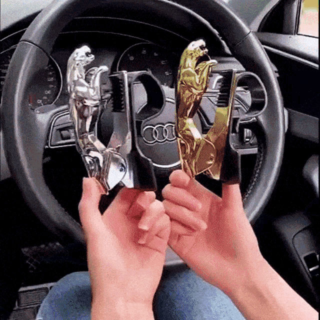 a person in a car is holding a silver and gold statue in front of an audi logo