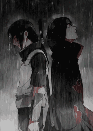 a black and white drawing of two anime characters standing back to back in the rain