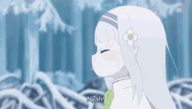 a girl with white hair says nyah in front of a snowy forest