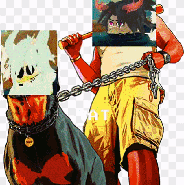a cartoon drawing of a man with horns holding a bat and a dog on a leash with the word cat visible