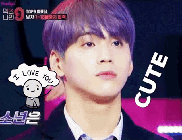 a young man with purple hair is wearing a suit and tie and says i love you and cute .
