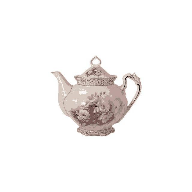 a white teapot with pink roses painted on it