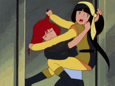a girl with red hair is being held by another girl with black hair