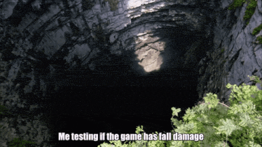 a cave with the words " me testing if the game has fall damage "