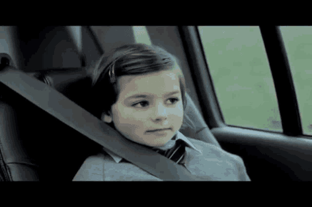 a little girl is sitting in the back seat of a car