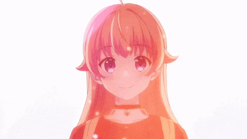 a close up of a girl with long red hair and pink eyes