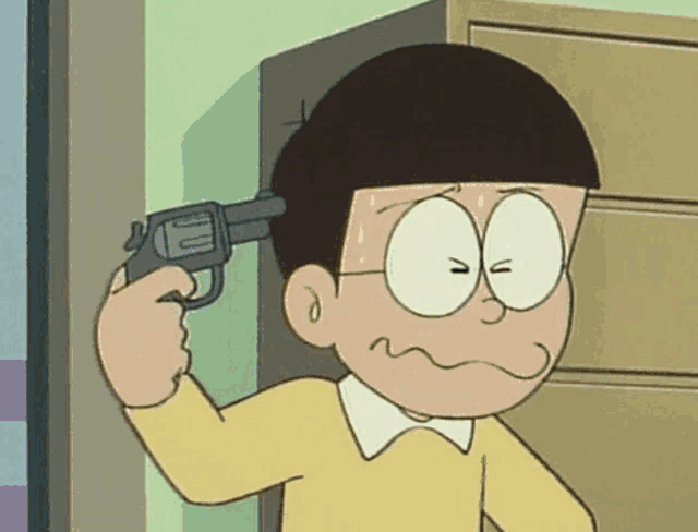 a cartoon character is holding a gun to his head and making a funny face .