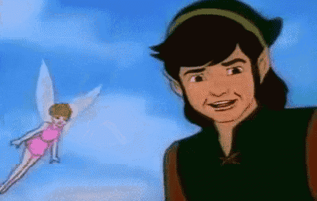a cartoon of a man standing next to a fairy flying in the sky