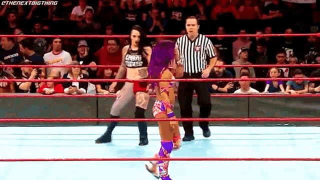 two women are wrestling in a wrestling ring with a referee in the background .