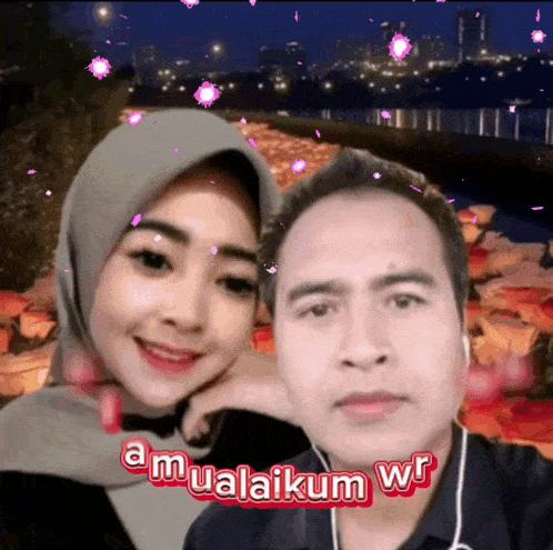 a man and a woman are posing for a picture with the words a mualaikam wr on the bottom