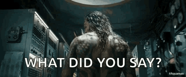 a man with long hair is standing in a dark room with the words " what did you say " above him