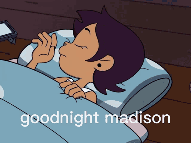 a cartoon of a girl laying in bed with the words goodnight madison on the bottom