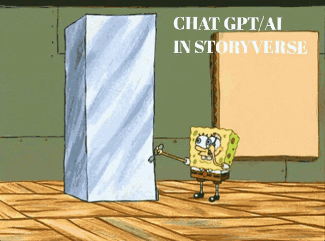 a cartoon of spongebob holding a hammer next to a block that says chat gpt / ai in story verse