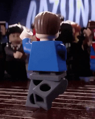 a lego man in a blue shirt is standing in front of a sign that says ' gazino '