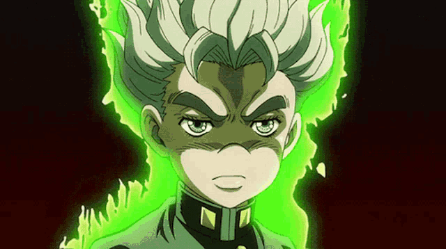 a cartoon character with white hair and green flames behind him