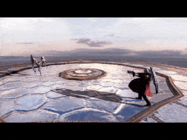 a man in a red coat is holding a gun in a video game scene