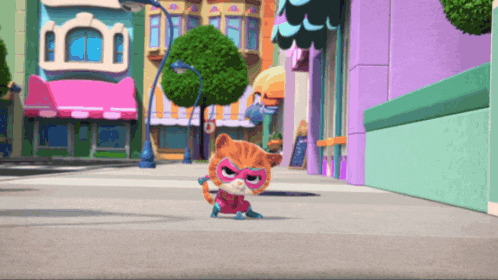 a cat wearing a mask and a superhero outfit is walking down a street