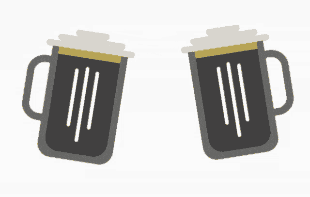 two mugs of beer are toasting each other with steam coming out of them