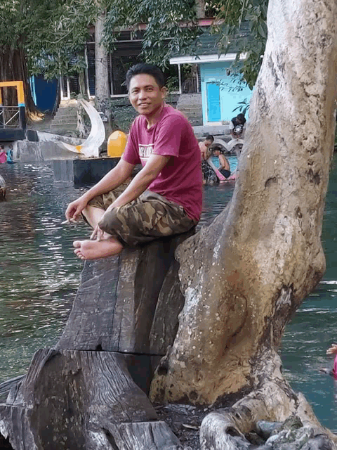 a man sitting on a tree trunk wearing a red shirt that says ' hawaii ' on it