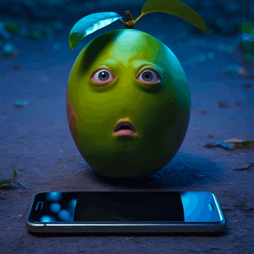 a green apple with a surprised look on its face sits next to a cellphone