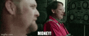 a man in a red shirt is sitting next to another man in a red shirt and says `` money '' .
