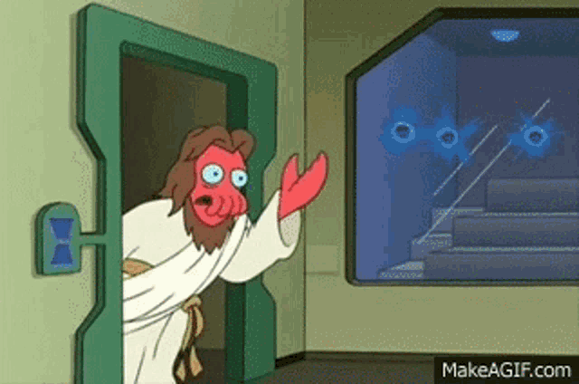 a cartoon character is standing in a room with a green door and a window .