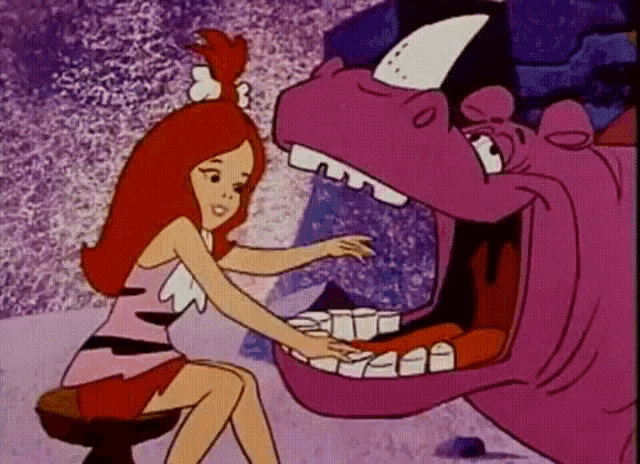 a cartoon of a woman playing a piano next to a purple dinosaur