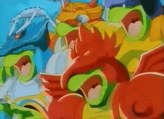 a group of colorful cartoon characters with their mouths wide open