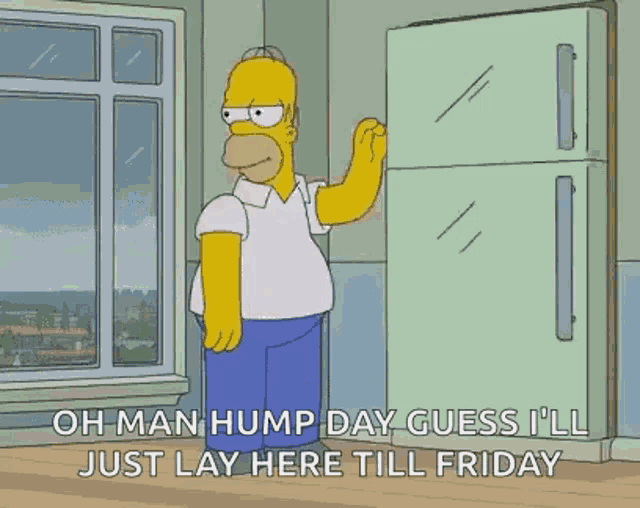 a cartoon of homer simpson laying on a bed with the words oh man hump day