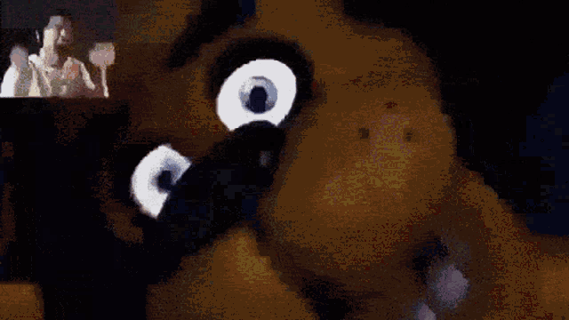 a close up of a stuffed animal 's eyes with a man behind it