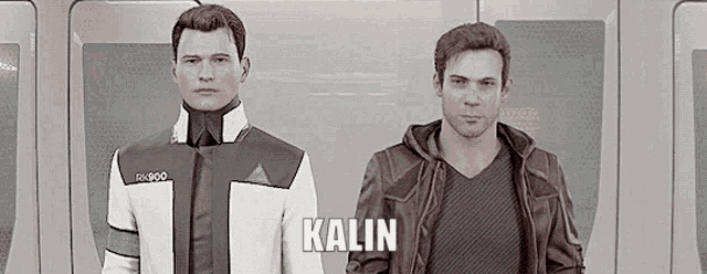 two men are standing next to each other and the word kalin is on the bottom