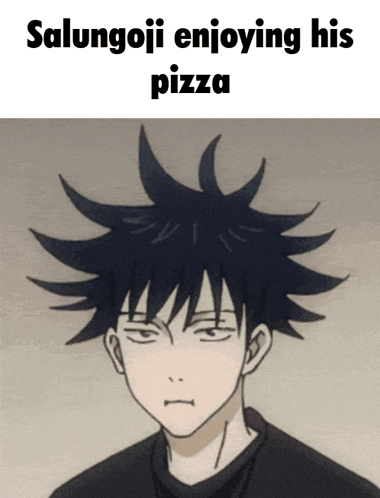 a cartoon of a person with a funny face and the words " salungoji enjoying his pizza "