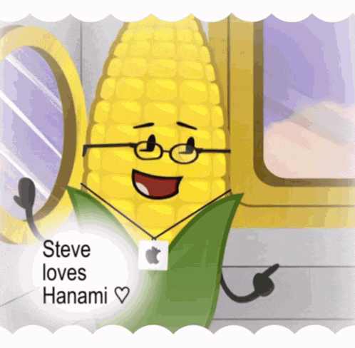 a picture of a corn on the cob that says steve loves hanami on it