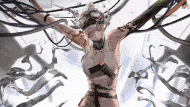 a woman is surrounded by wires and ribbons