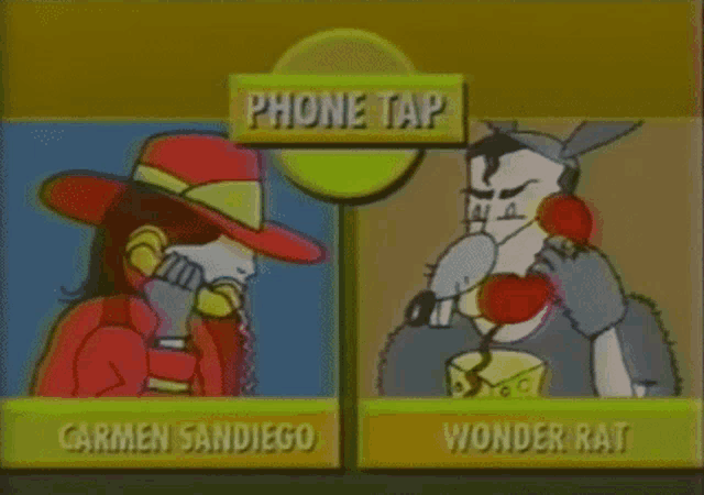 a cartoon of carmen sandiego and wonder rat talking on a phone