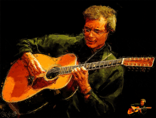 a painting of a man playing an acoustic guitar with the letters mc on the bottom right corner