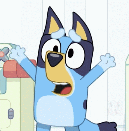a blue and yellow cartoon dog with its arms outstretched and a surprised look on its face .