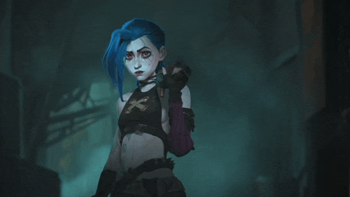a cartoon character with blue hair is standing in the dark