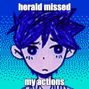 a cartoon of a boy with blue hair and the words " herald missed my actions "