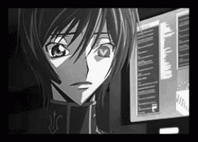 a black and white photo of a anime character looking at a computer screen